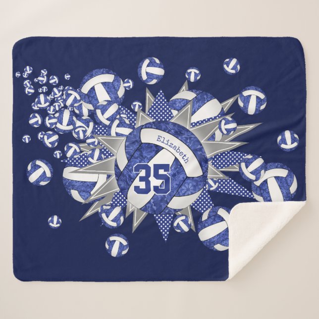blue white volleyballs stars girls custom name sherpa blanket (Front (Horizontal))