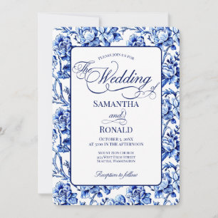 Blue & White w Calligraphy Floral Toile Wedding Invitation
