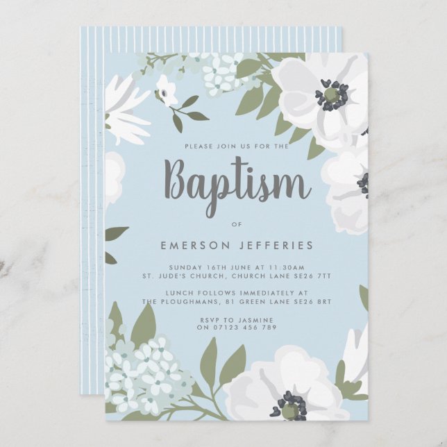  Blue & White Watercolor Anemone Baptism Invitation (Front/Back)