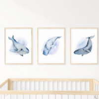 Blue White Watercolor Baleen Humpback Whale