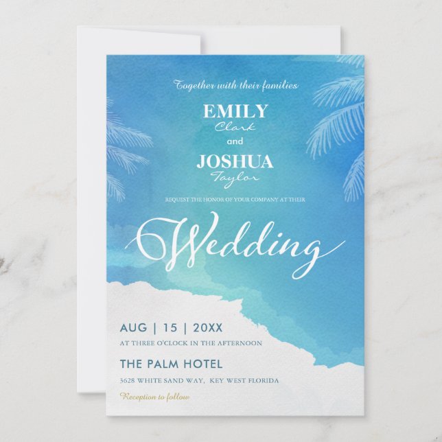 Blue & White Watercolor Beach Wedding Invitation (Front)