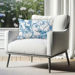 Blue White Watercolor Bird in Tree Floral Vintage Lumbar Cushion