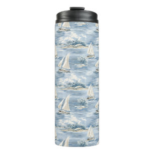 BLUE & WHITE WATERCOLOR COASTAL SCENE & SAILBOAT THERMAL TUMBLER