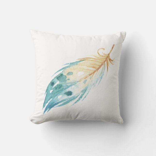 Blue & White Watercolor Feather Design Cushion (Front)