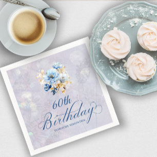 Blue White Watercolor Floral 60th Birthday Napkin