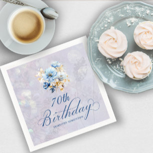 Blue White Watercolor Floral 70th Birthday Napkin