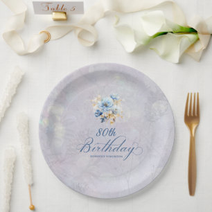 Blue White Watercolor Floral 80th Birthday Paper Plate