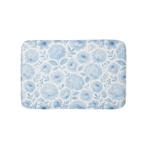 Blue White Watercolor Floral Bath Mat