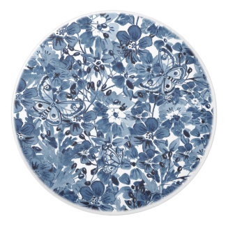 Blue & White Watercolor Floral Butterfly Elegant Ceramic Knob