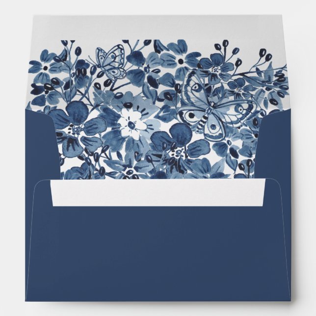 Blue White Watercolor Floral Custom Lined Wedding Envelope (Back (Bottom))