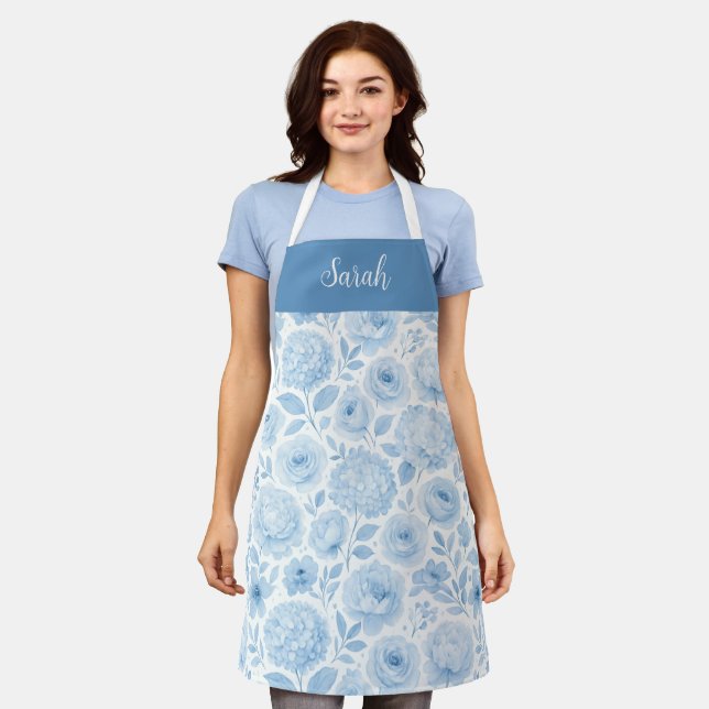 Blue White Watercolor Floral Custom Name Apron (Worn)