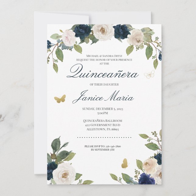 Blue White Watercolor Floral Elegant Quinceañera Invitation (Front)