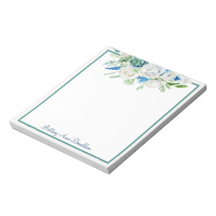 Blue White Watercolor Floral Name Personalise Notepad