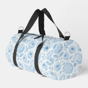 Blue White Watercolor Floral Pattern Duffle Bag