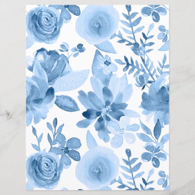 Blue & White Watercolor Floral Scrapbook Paper (Front)