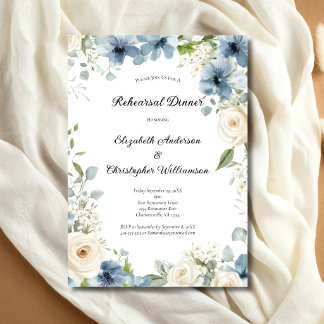 Blue White Watercolor Florals Rehearsal Dinner Invitation