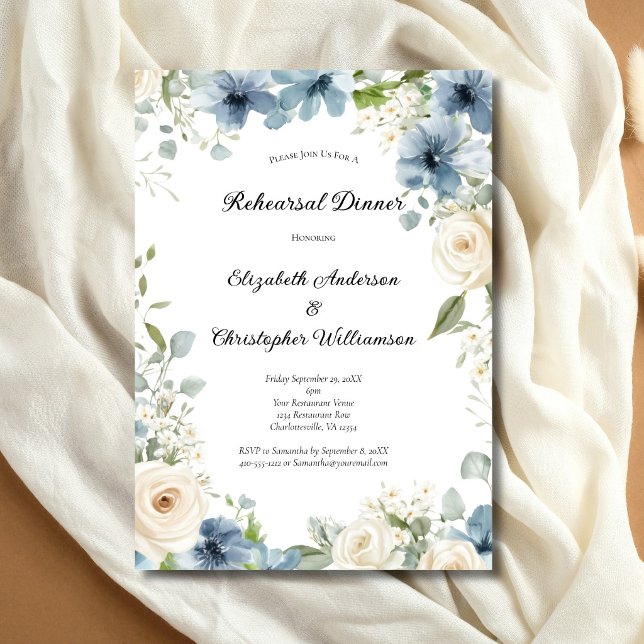Blue White Watercolor Florals Rehearsal Dinner Invitation (Blue White/Cream Watercolor Florals Wedding Rehearsal Dinner Invitation. Printed or Digital Download)