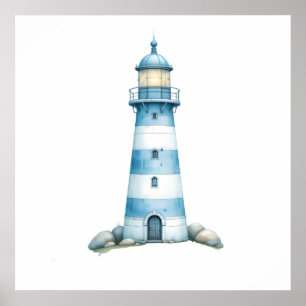Blue & White Watercolor Lighthouse Poster
