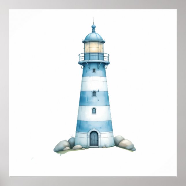 Blue & White Watercolor Lighthouse Poster (Front)