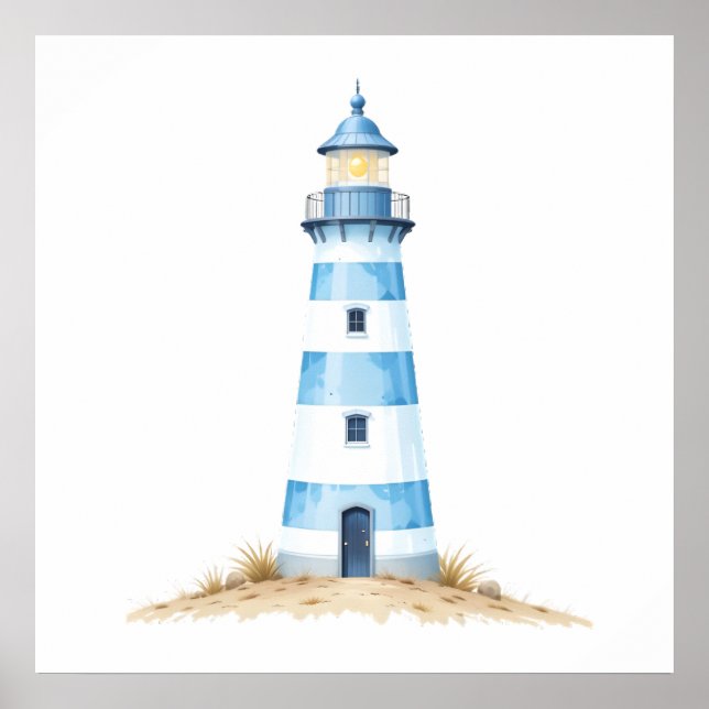 Blue & White Watercolor Lighthouse Poster (Front)