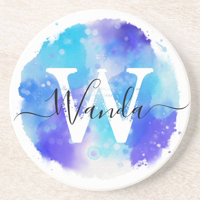 Blue White Watercolor Monogram Script Coaster (Front)