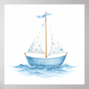 Blue & White Watercolor Sailboat – Nautical Baby R Poster