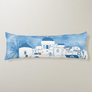 Blue & White Watercolor Santorini Greece Body Cushion