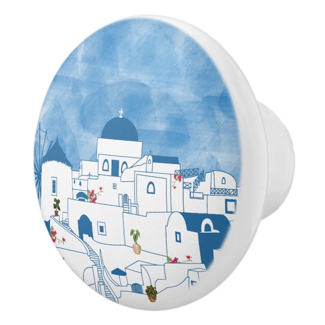 Blue & White Watercolor Santorini Greece Ceramic Knob (Right)