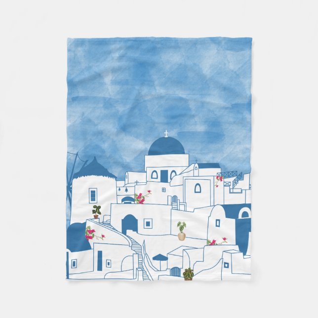 Blue & White Watercolor Santorini Greece Fleece Blanket (Front)