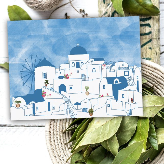 Blue & White Watercolor Santorini Greece Holiday Postcard (Blue & White Watercolor Santorini Greece Holiday Postcard)