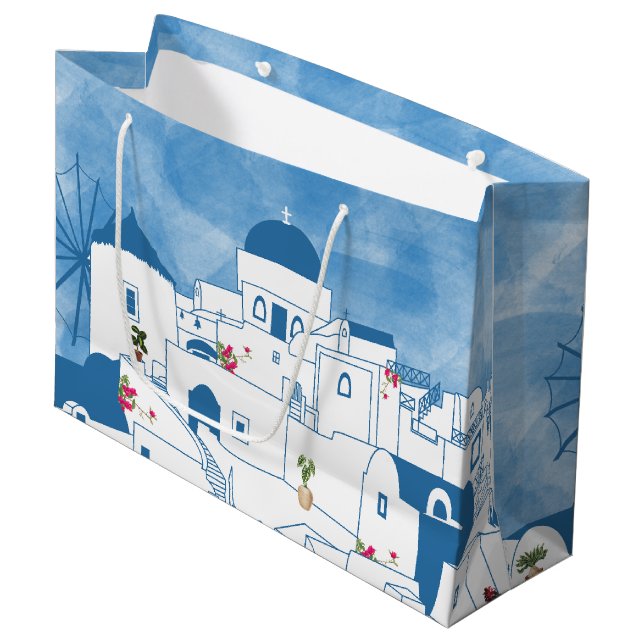 Blue & White Watercolor Santorini Greece Large Gift Bag (Front Angled)