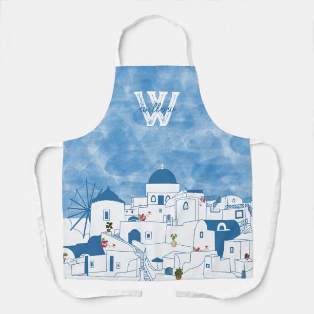 Blue & White Watercolor Santorini Greece Monogram Apron (Front)