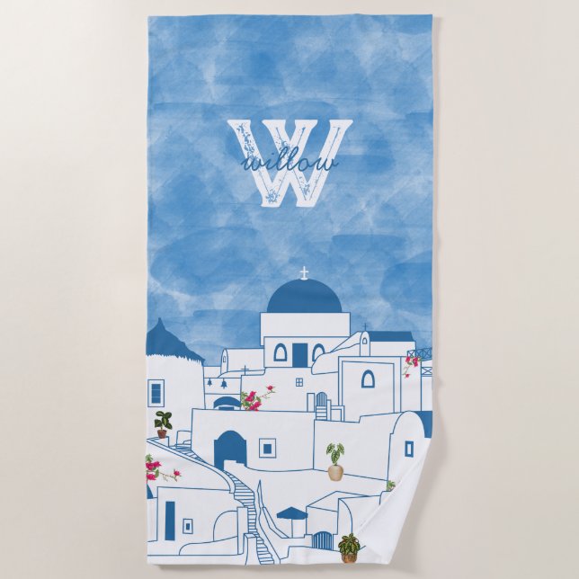 Blue & White Watercolor Santorini Greece Monogram Beach Towel (Front)
