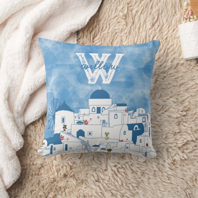 Blue & White Watercolor Santorini Greece Monogram Cushion (Blanket)