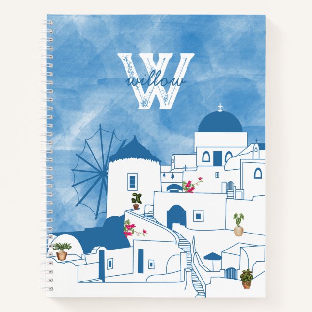 Blue & White Watercolor Santorini Greece Monogram Notebook (Front)