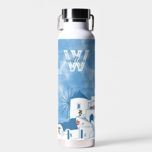 Blue & White Watercolor Santorini Greece Monogram Water Bottle