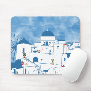 Blue & White Watercolor Santorini Greece Mouse Pad