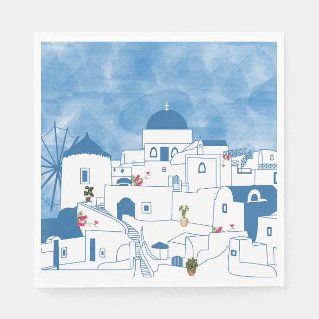 Blue & White Watercolor Santorini Greece Napkin (Front)