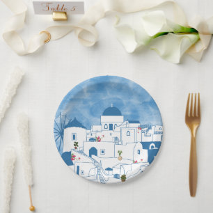 Blue & White Watercolor Santorini Greece Paper Plate