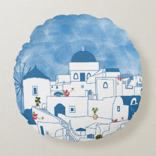 Blue & White Watercolor Santorini Greece Round Cushion