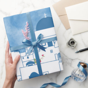 Blue & White Watercolor Santorini Greece Wrapping Paper