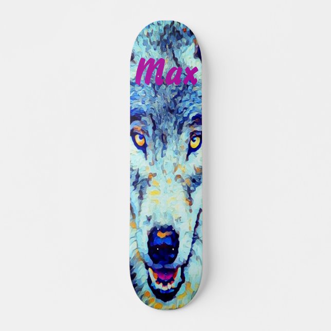 Blue White Watercolor Snowy Winter Wolf Skateboard (Front)