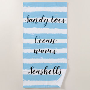 Blue White Watercolor Stripes Beach Typography Towel