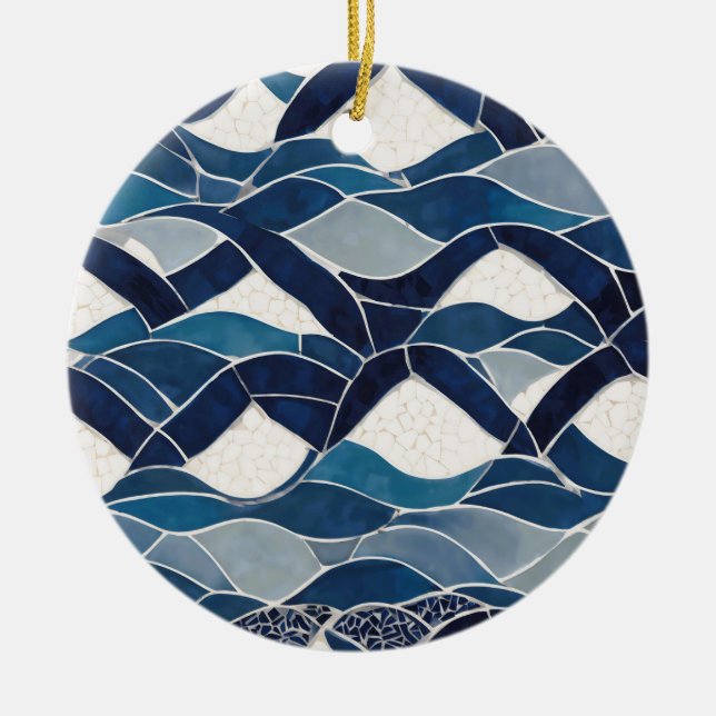 Blue White Wave Pattern 01 Ceramic Ornament (Front)
