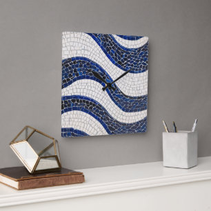 Blue White Wave Pattern 04 Square Wall Clock
