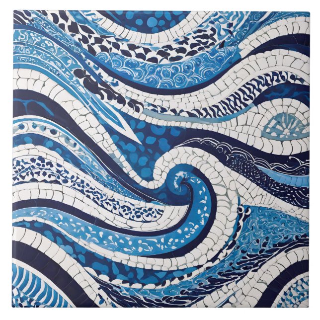 Blue White Wave Pattern 05 Ceramic Tile (Front)