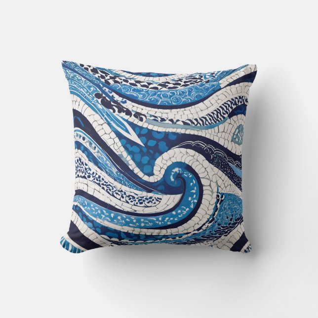 Blue White Wave Pattern 05 Cushion (Front)