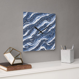 Blue White Wave Pattern 15 Square Wall Clock