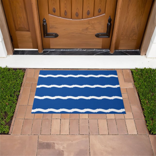 Blue white waves stripes nautical pattern doormat (Outdoor)