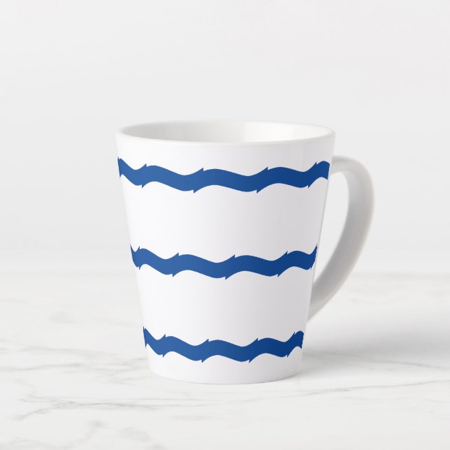 Blue white waves stripes nautical pattern latte mug (Right Angle)